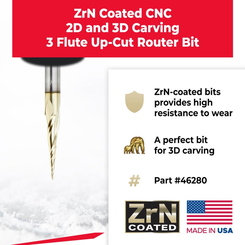 Amana Tool Up Cut Spiral CNC Router Bits for 2D/3D Carving, ZrN Coated, 46280, 6.2 Deg Tapered Angle Ball Tip x 1/32 D x 1/64 R x 1 x 1/4 Shank 3 Fl - Image 2